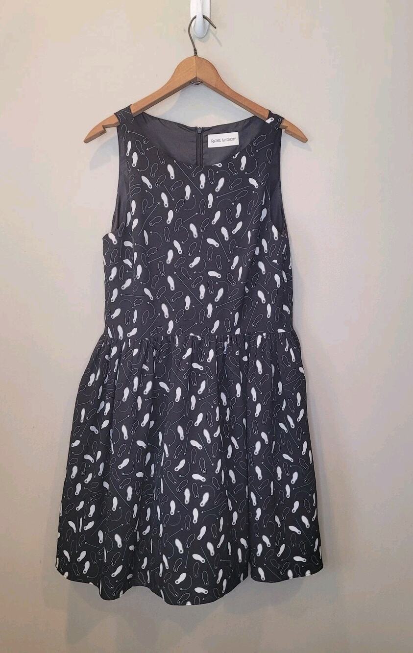 Rachel Antonoff Black Dancing Feet Print Sleeveless Fit Flare Dress 12 Whimsical